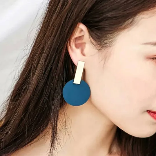 Disc shaped earrings | Matte effect golden bar earrings | pastel colour tone earrings| modern retro style tonal earrings| lightweight dangle