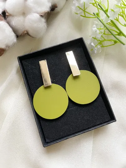Disc shaped earrings | Matte effect golden bar earrings | pastel colour tone earrings| modern retro style tonal earrings| lightweight dangle