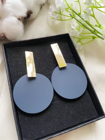 Disc shaped earrings | Matte effect golden bar earrings | pastel colour tone earrings| modern retro style tonal earrings| lightweight dangle