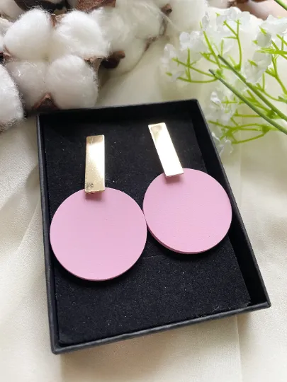 Disc shaped earrings | Matte effect golden bar earrings | pastel colour tone earrings| modern retro style tonal earrings| lightweight dangle