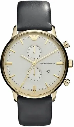 Emporio Armani AR0386 Men's Elegant Quartz Watch with Stainless Steel and Leather Finish