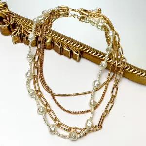 Four Strand Gold Tone Chain Necklace With Pearl Strand