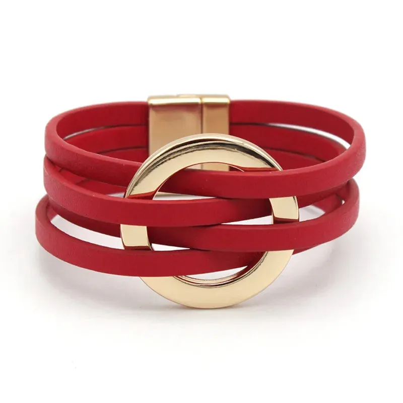 Hot Multi Layer Wide Leather Bracelet for Women Metal Circle Cuff Summer Fashion Accessory