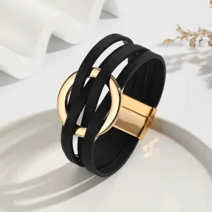 Hot Multi Layer Wide Leather Bracelet for Women Metal Circle Cuff Summer Fashion Accessory