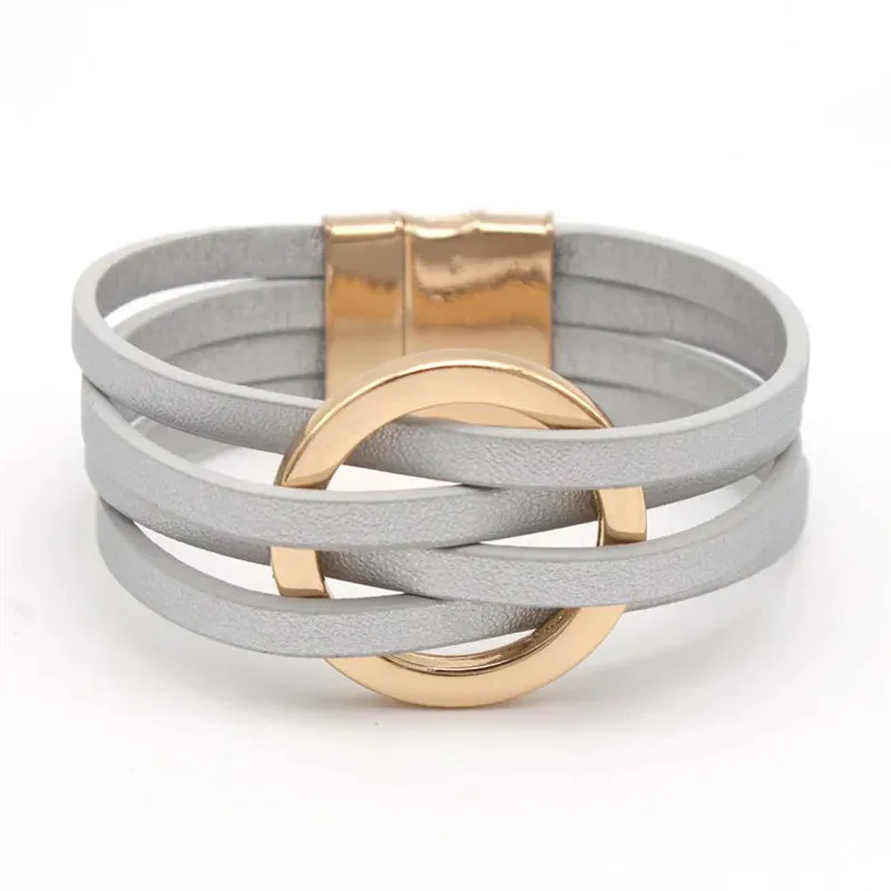 Hot Multi Layer Wide Leather Bracelet for Women Metal Circle Cuff Summer Fashion Accessory