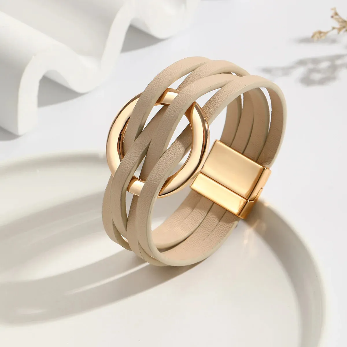 Hot Multi Layer Wide Leather Bracelet for Women Metal Circle Cuff Summer Fashion Accessory