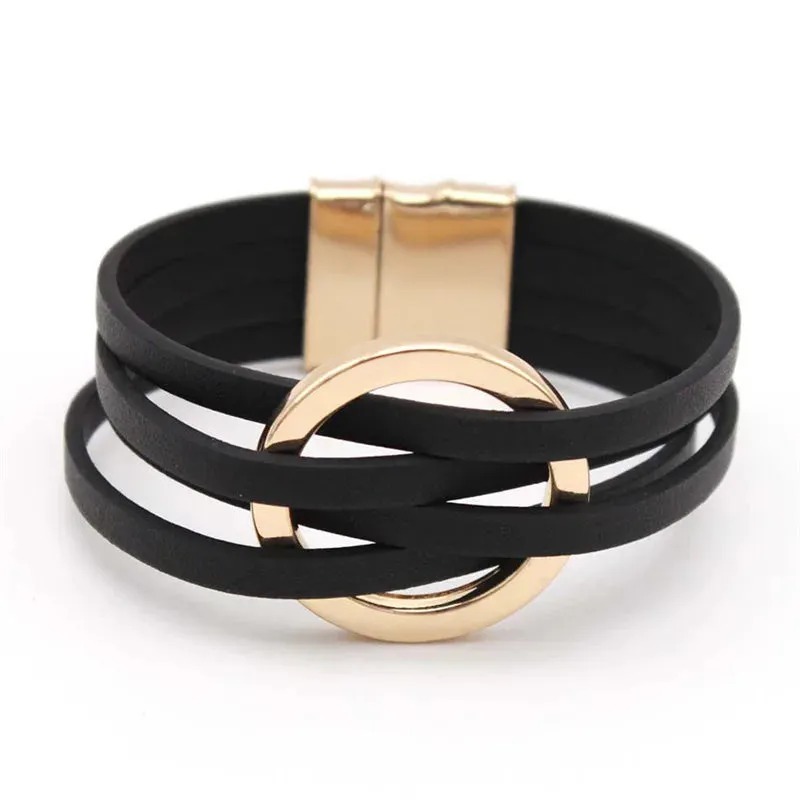 Hot Multi Layer Wide Leather Bracelet for Women Metal Circle Cuff Summer Fashion Accessory