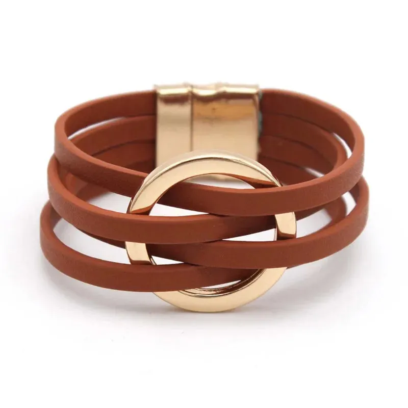 Hot Multi Layer Wide Leather Bracelet for Women Metal Circle Cuff Summer Fashion Accessory