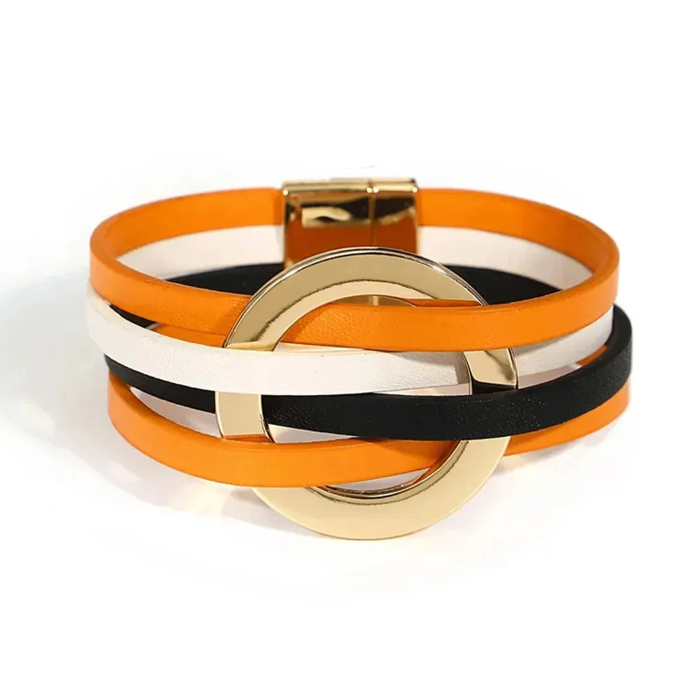 Hot Multi Layer Wide Leather Bracelet for Women Metal Circle Cuff Summer Fashion Accessory