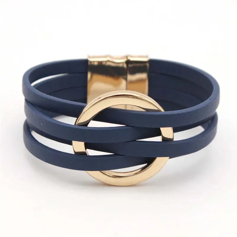 Hot Multi Layer Wide Leather Bracelet for Women Metal Circle Cuff Summer Fashion Accessory