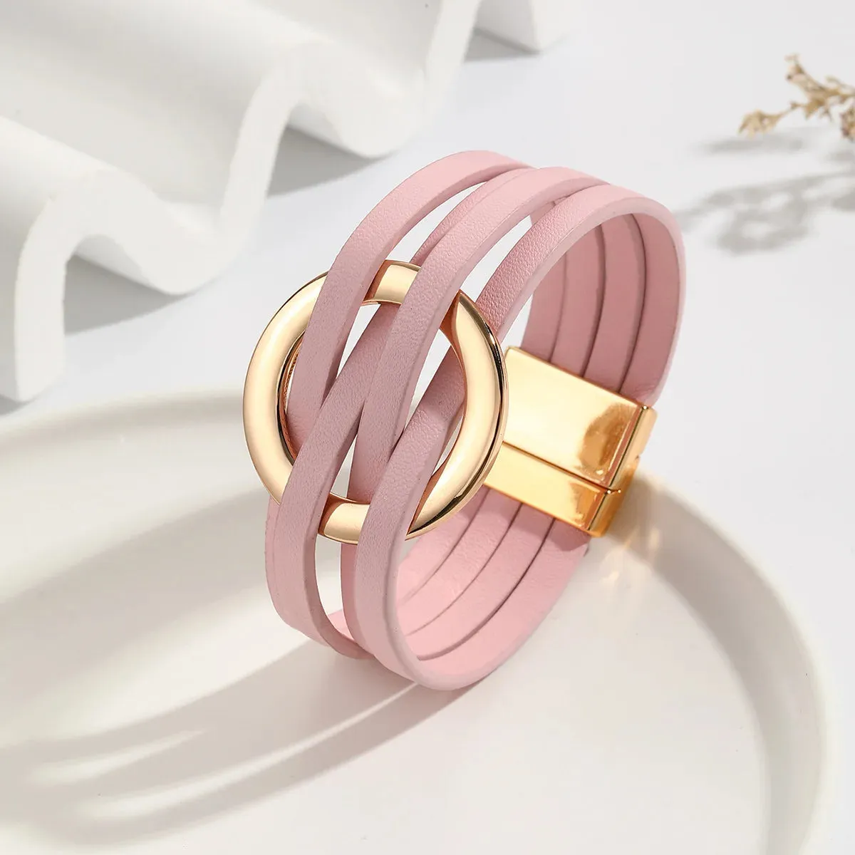 Hot Multi Layer Wide Leather Bracelet for Women Metal Circle Cuff Summer Fashion Accessory