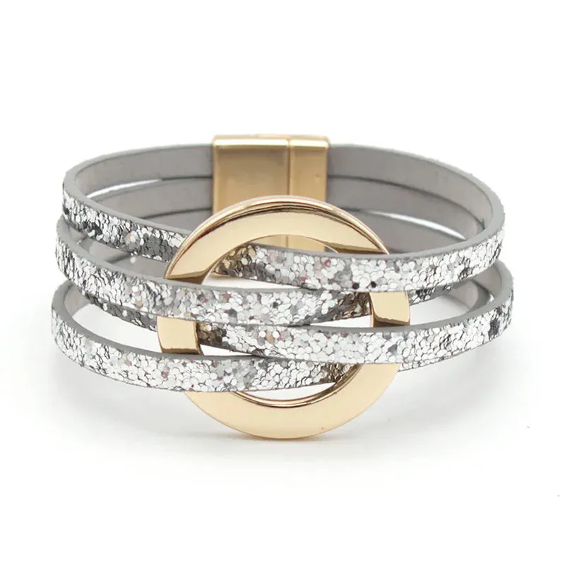 Hot Multi Layer Wide Leather Bracelet for Women Metal Circle Cuff Summer Fashion Accessory