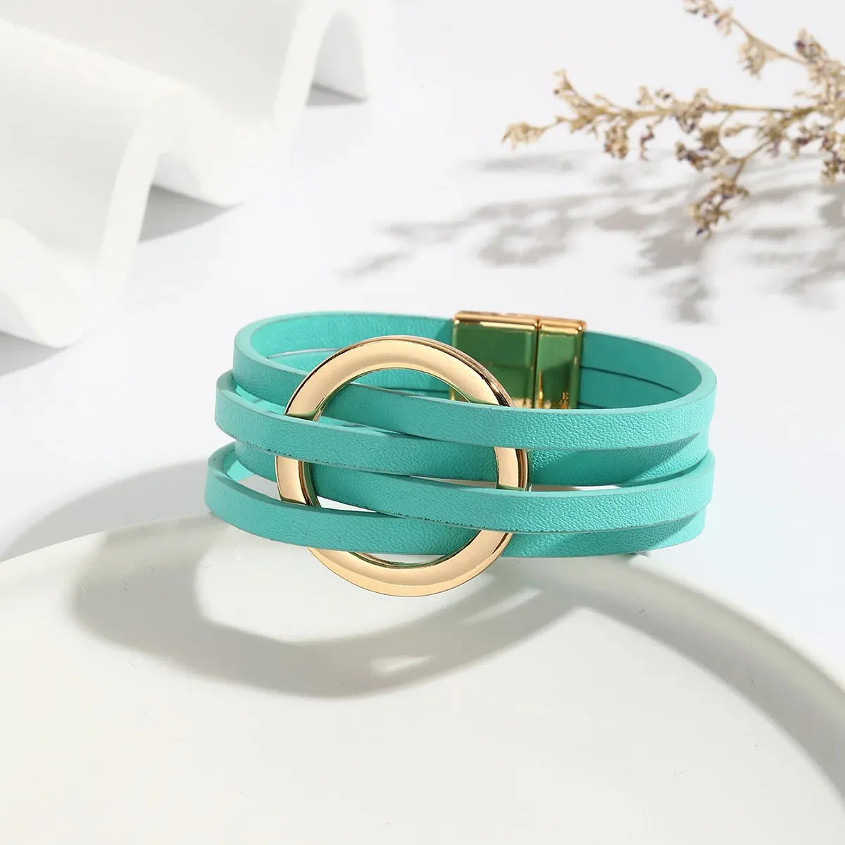 Hot Multi Layer Wide Leather Bracelet for Women Metal Circle Cuff Summer Fashion Accessory