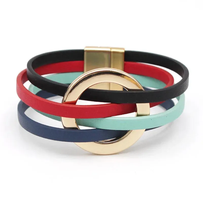 Hot Multi Layer Wide Leather Bracelet for Women Metal Circle Cuff Summer Fashion Accessory