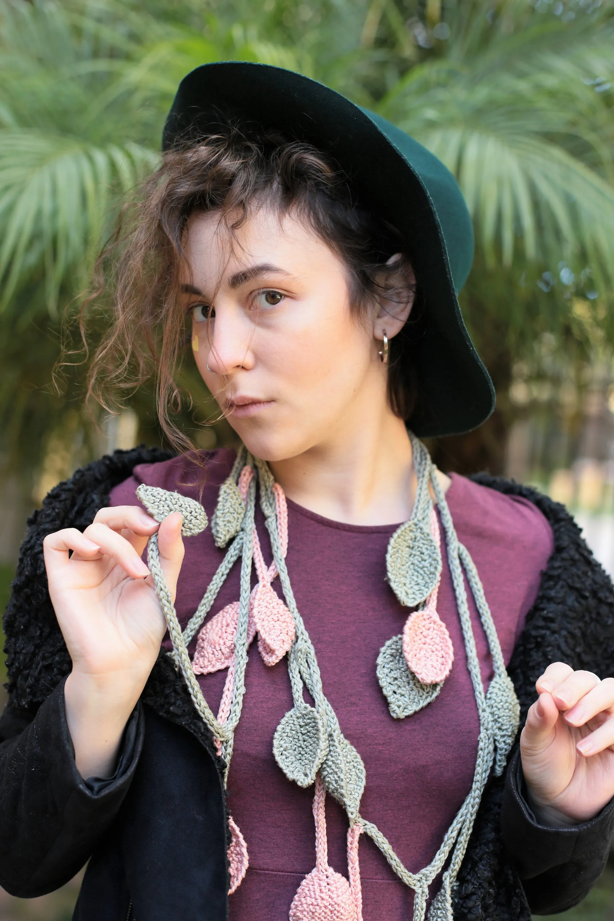 Knitted Lariat Scarf Leaves, Statement Necklace Scarf