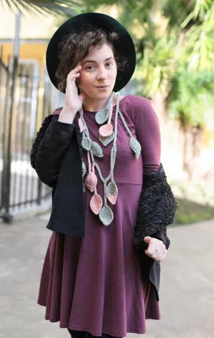 Knitted Lariat Scarf Leaves, Statement Necklace Scarf