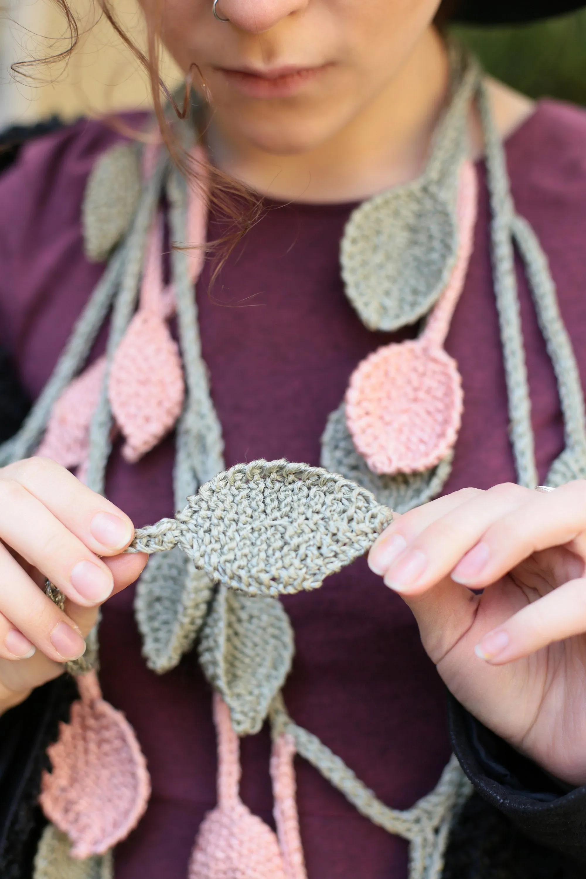 Knitted Lariat Scarf Leaves, Statement Necklace Scarf