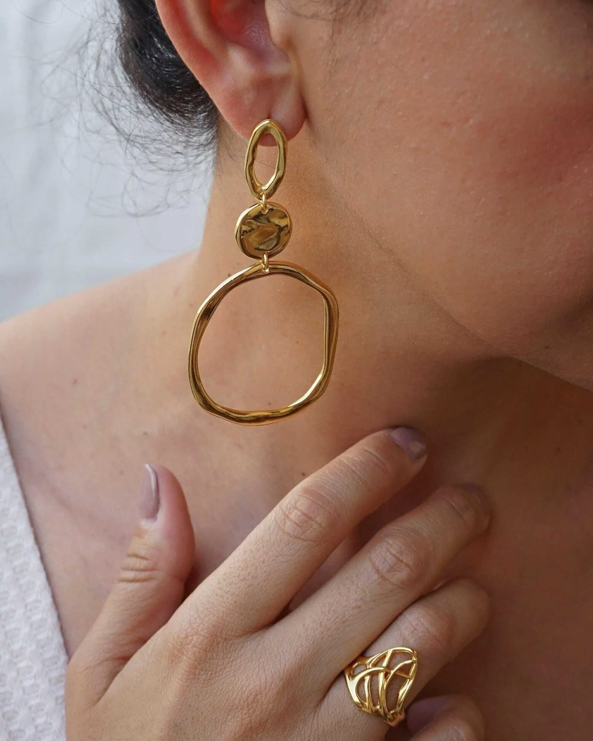 Large Gold Dangle Geometric Circle Earrings