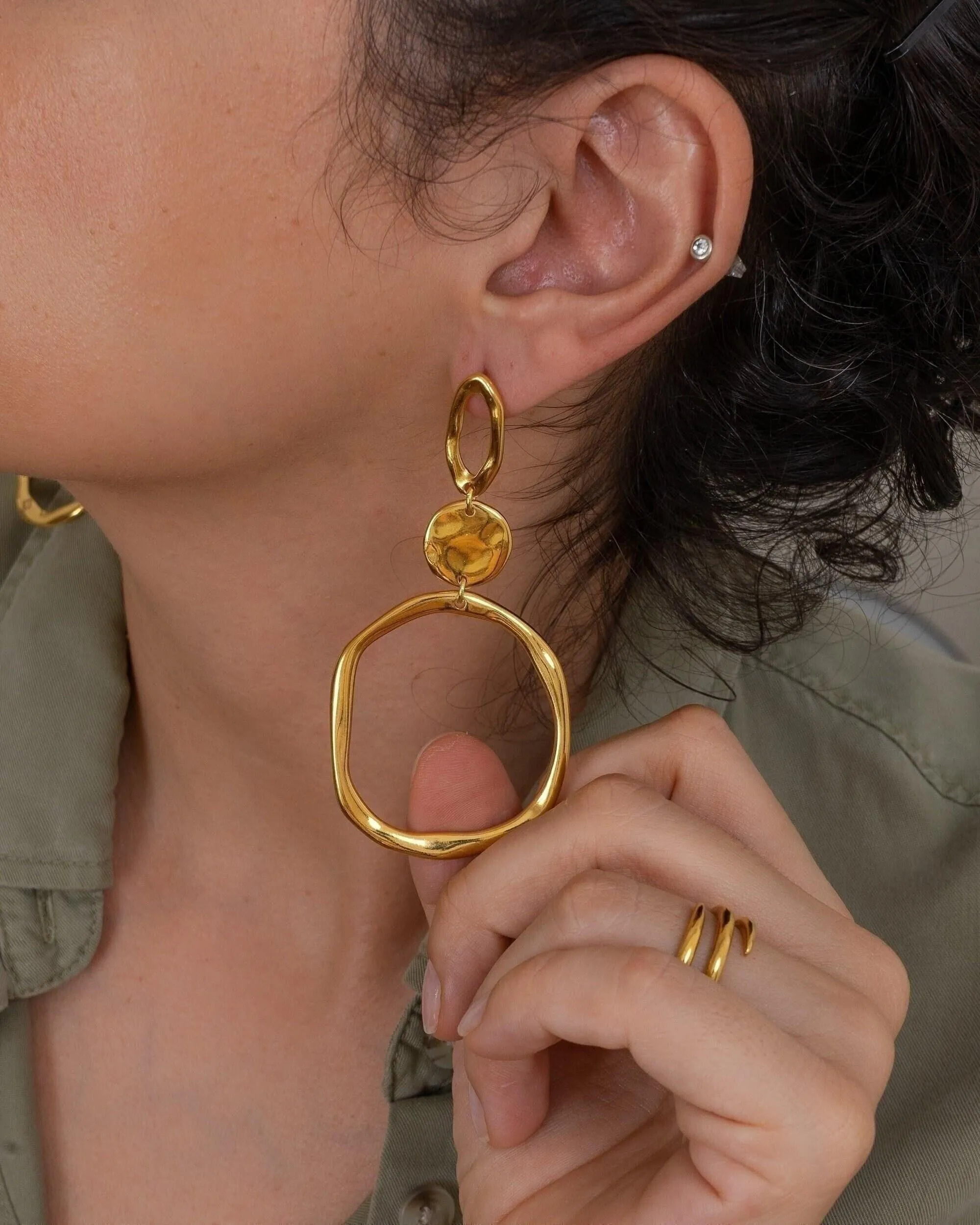 Large Gold Dangle Geometric Circle Earrings