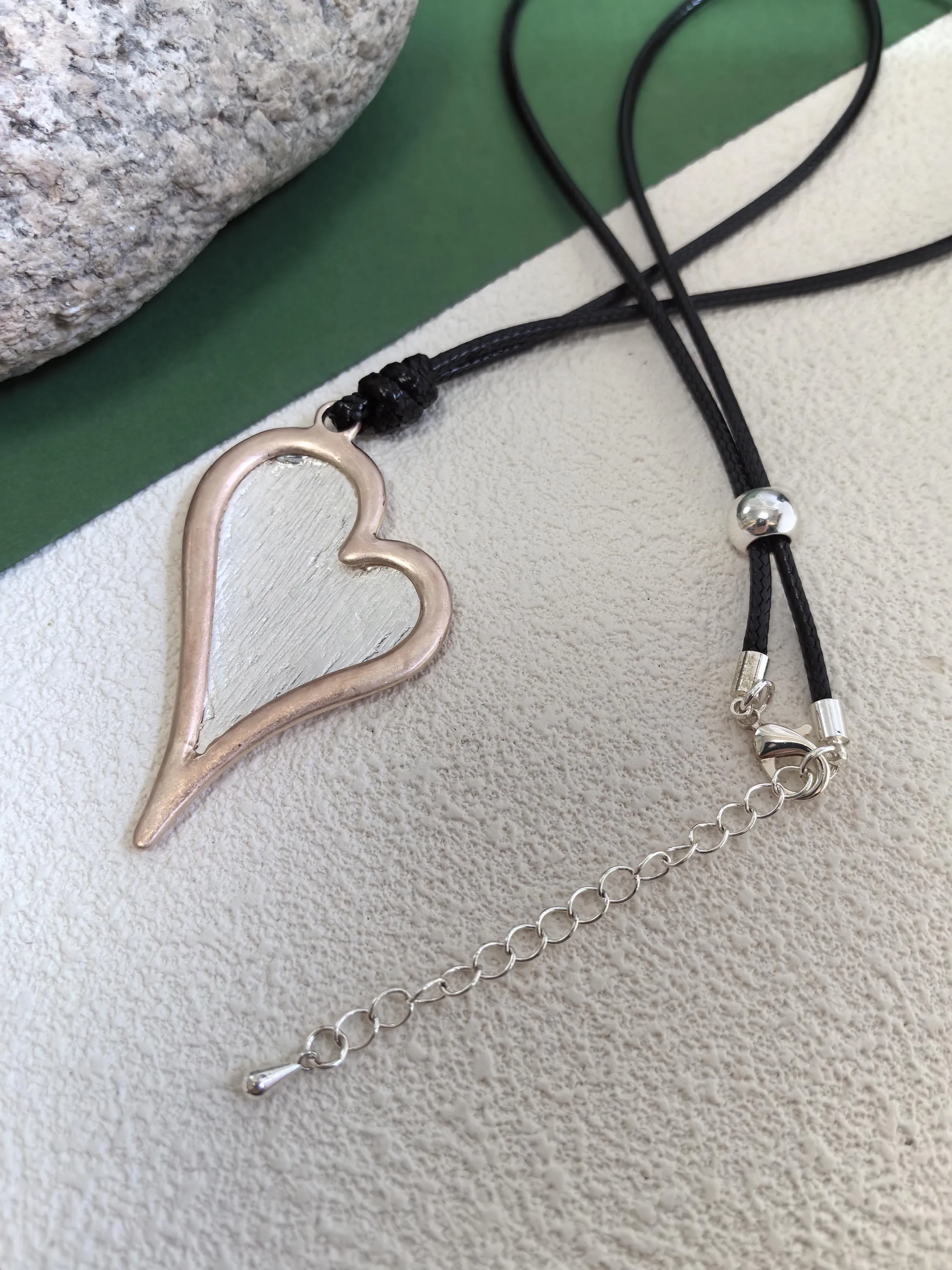 Long Black Rope Colorblock Silver Frosted Heart Pendant Statement Necklace