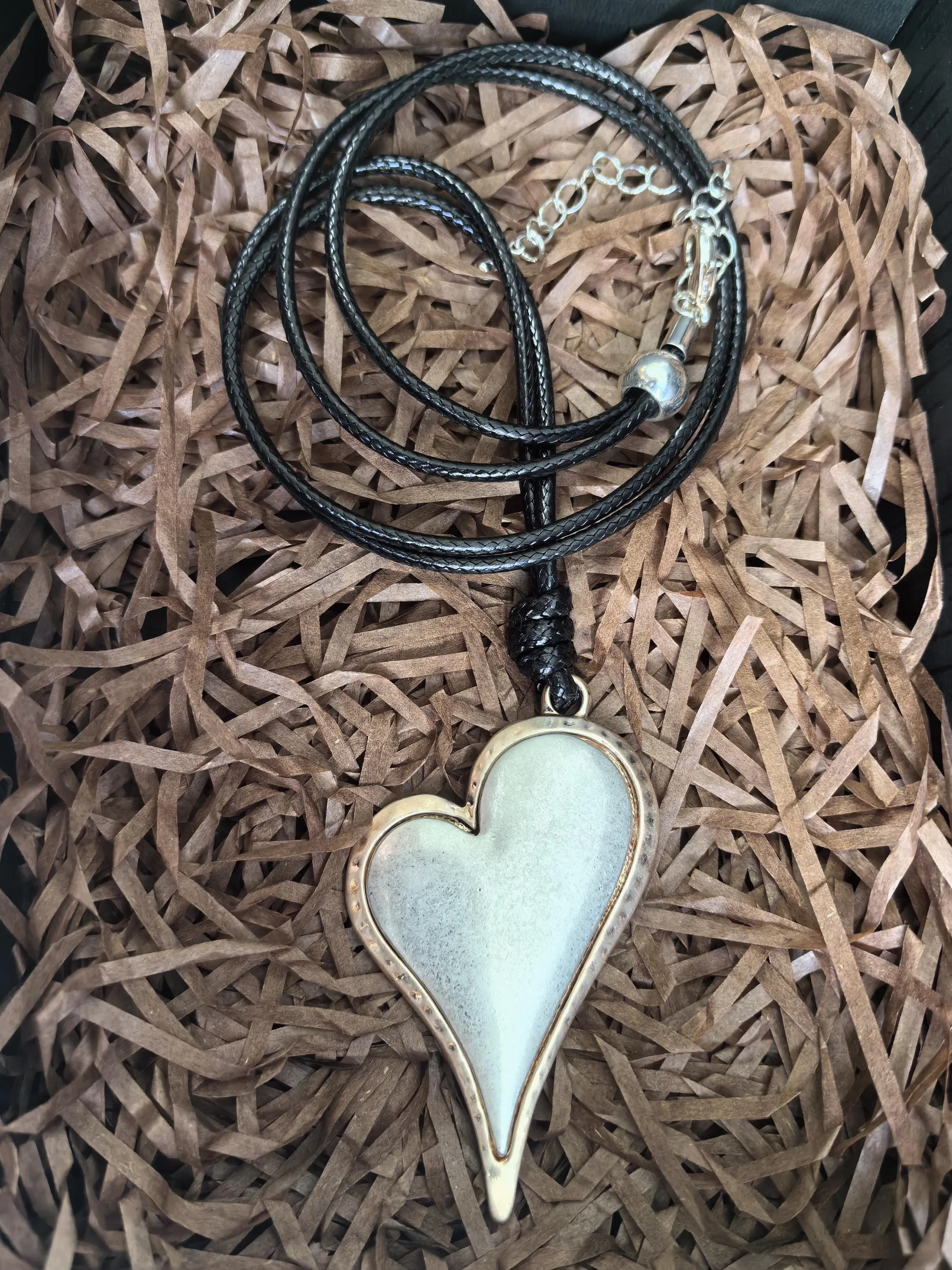 Long Black Rope Colorblock Silver Frosted Heart Pendant Statement Necklace