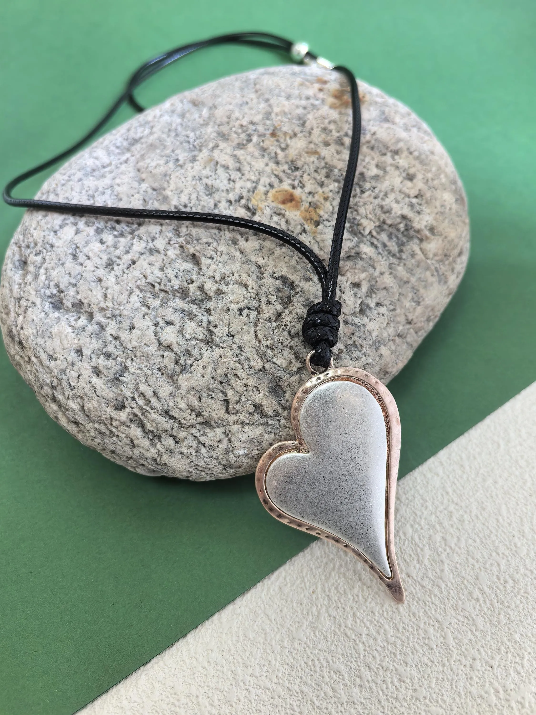 Long Black Rope Colorblock Silver Frosted Heart Pendant Statement Necklace