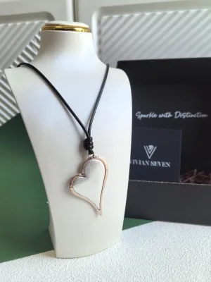 Long Black Rope Colorblock Silver Frosted Heart Pendant Statement Necklace
