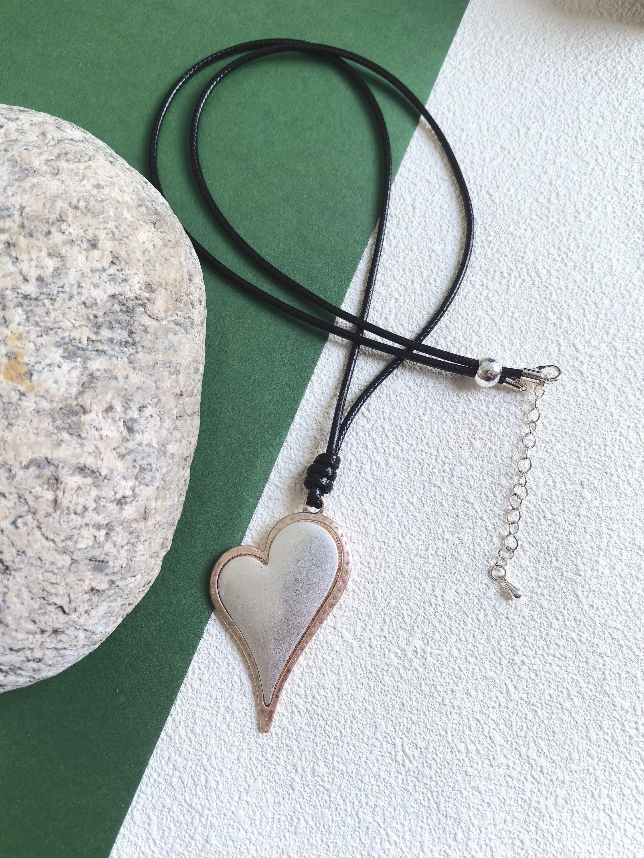 Long Black Rope Colorblock Silver Frosted Heart Pendant Statement Necklace