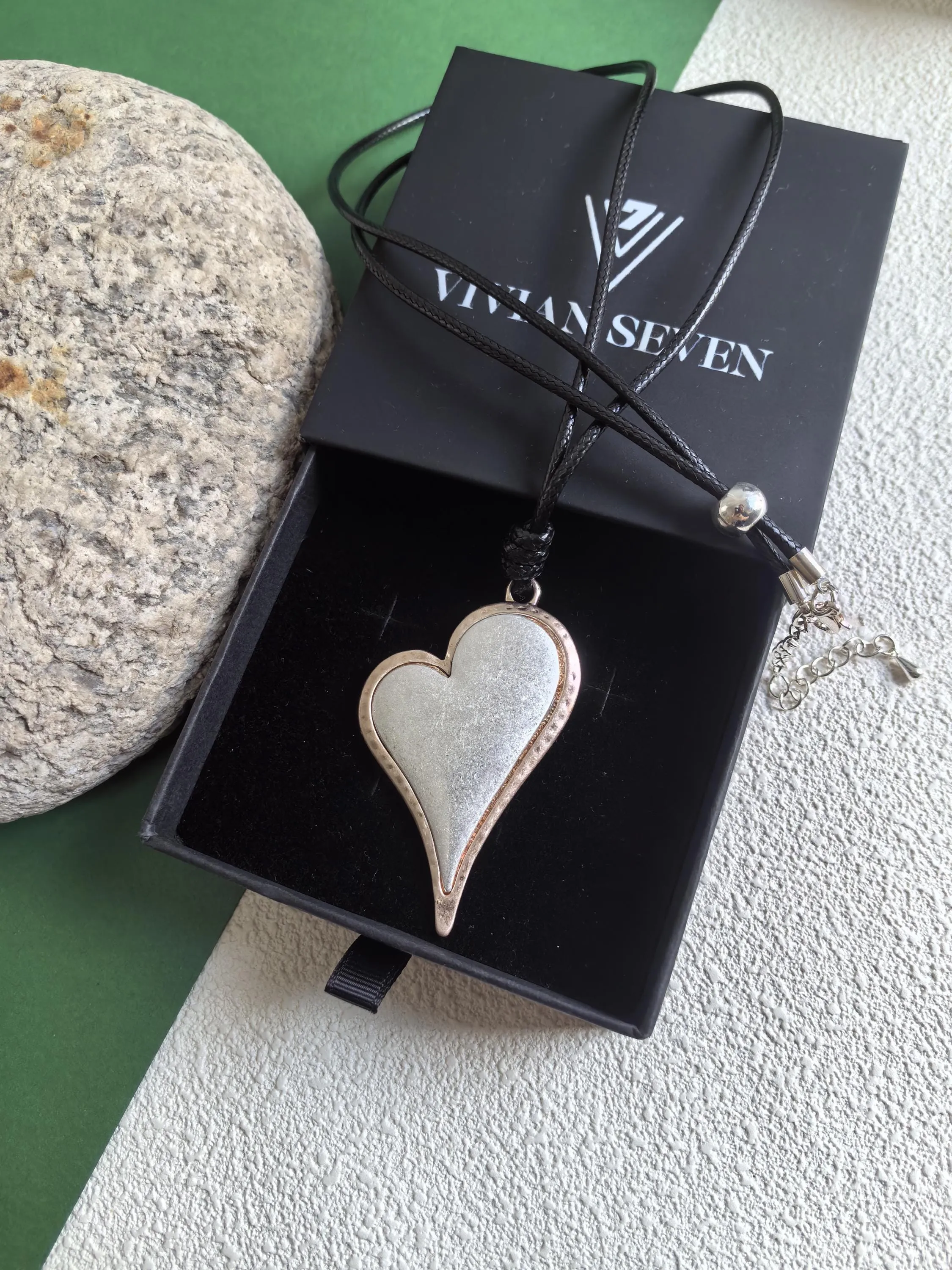Long Black Rope Colorblock Silver Frosted Heart Pendant Statement Necklace