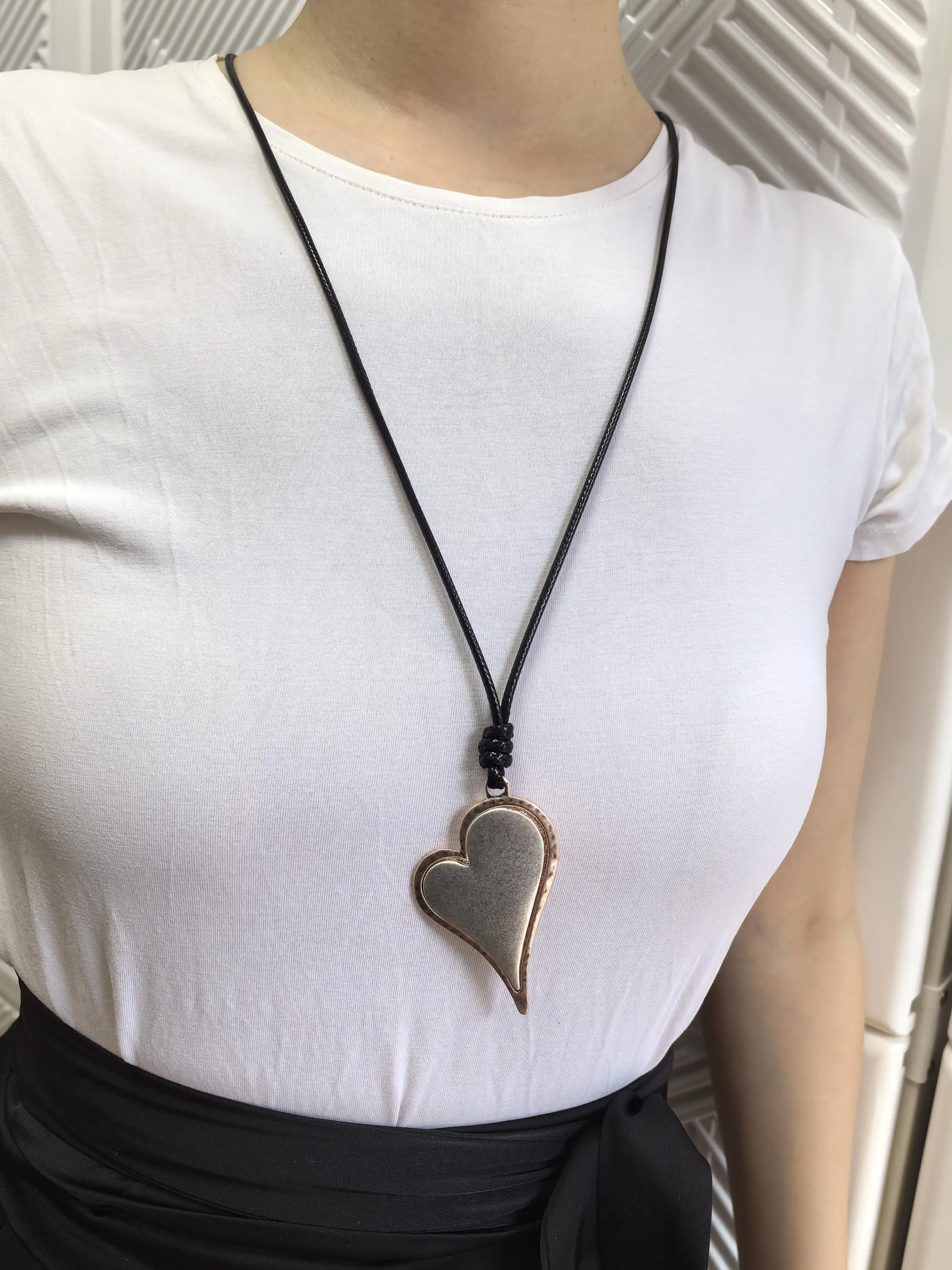 Long Black Rope Colorblock Silver Frosted Heart Pendant Statement Necklace