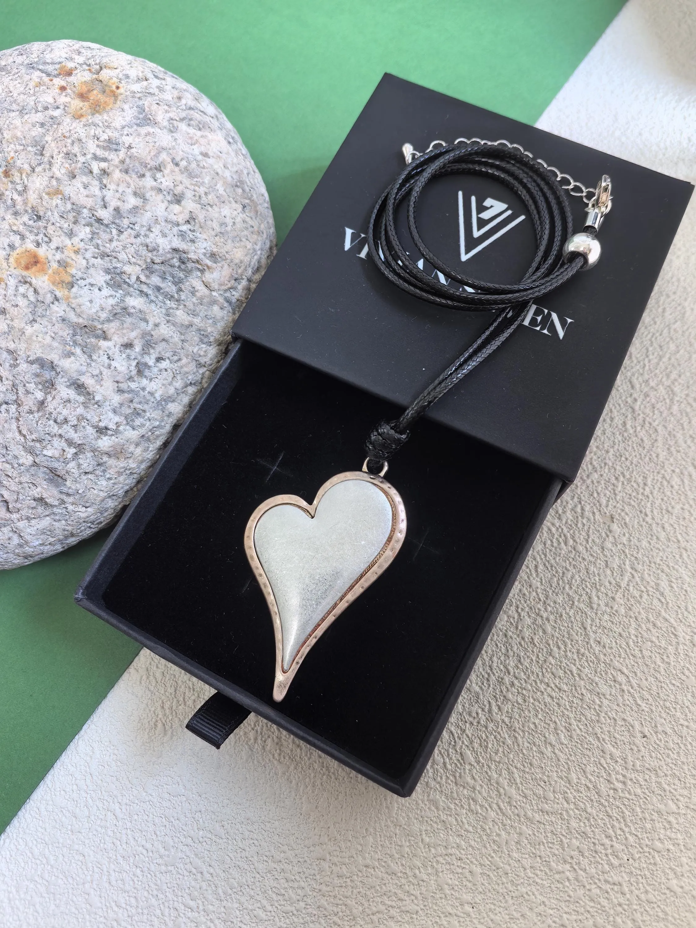 Long Black Rope Colorblock Silver Frosted Heart Pendant Statement Necklace