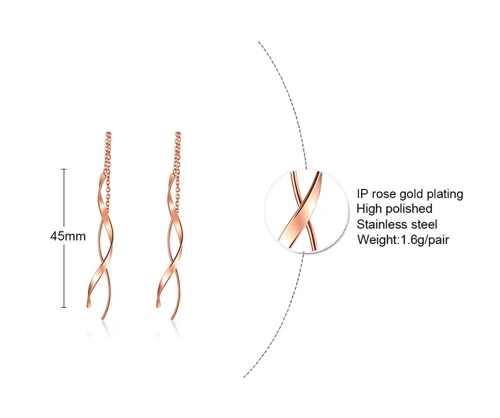 Luxury Rose Gold Threader Thin Bar Spiral Wire Woman Earrings
