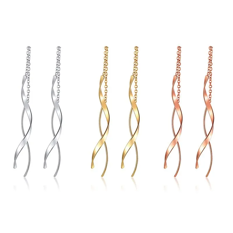 Luxury Rose Gold Threader Thin Bar Spiral Wire Woman Earrings
