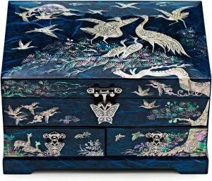MADDesign Mother of Pearl Lacquered Jewelry Box Two Level Cranes Blue