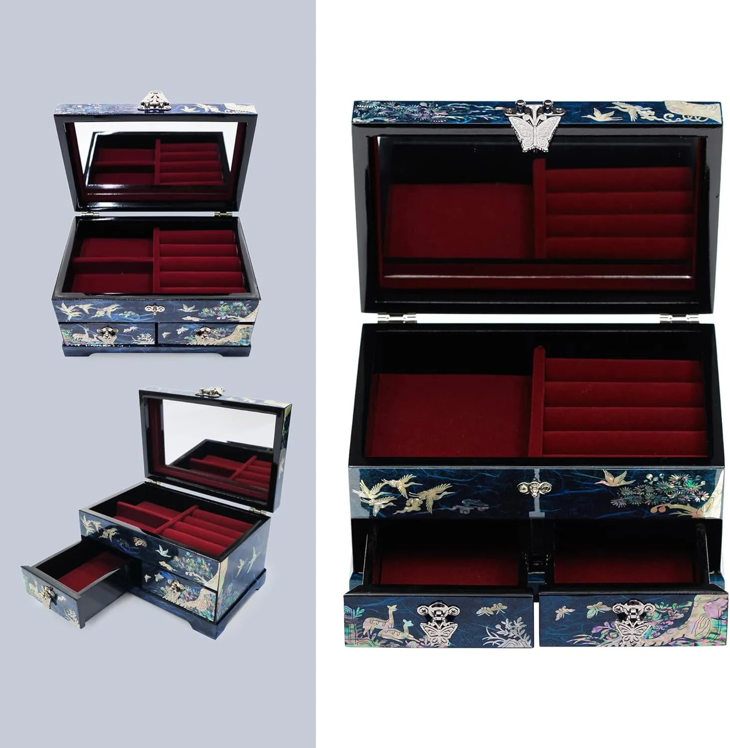 MADDesign Mother of Pearl Lacquered Jewelry Box Two Level Cranes Blue
