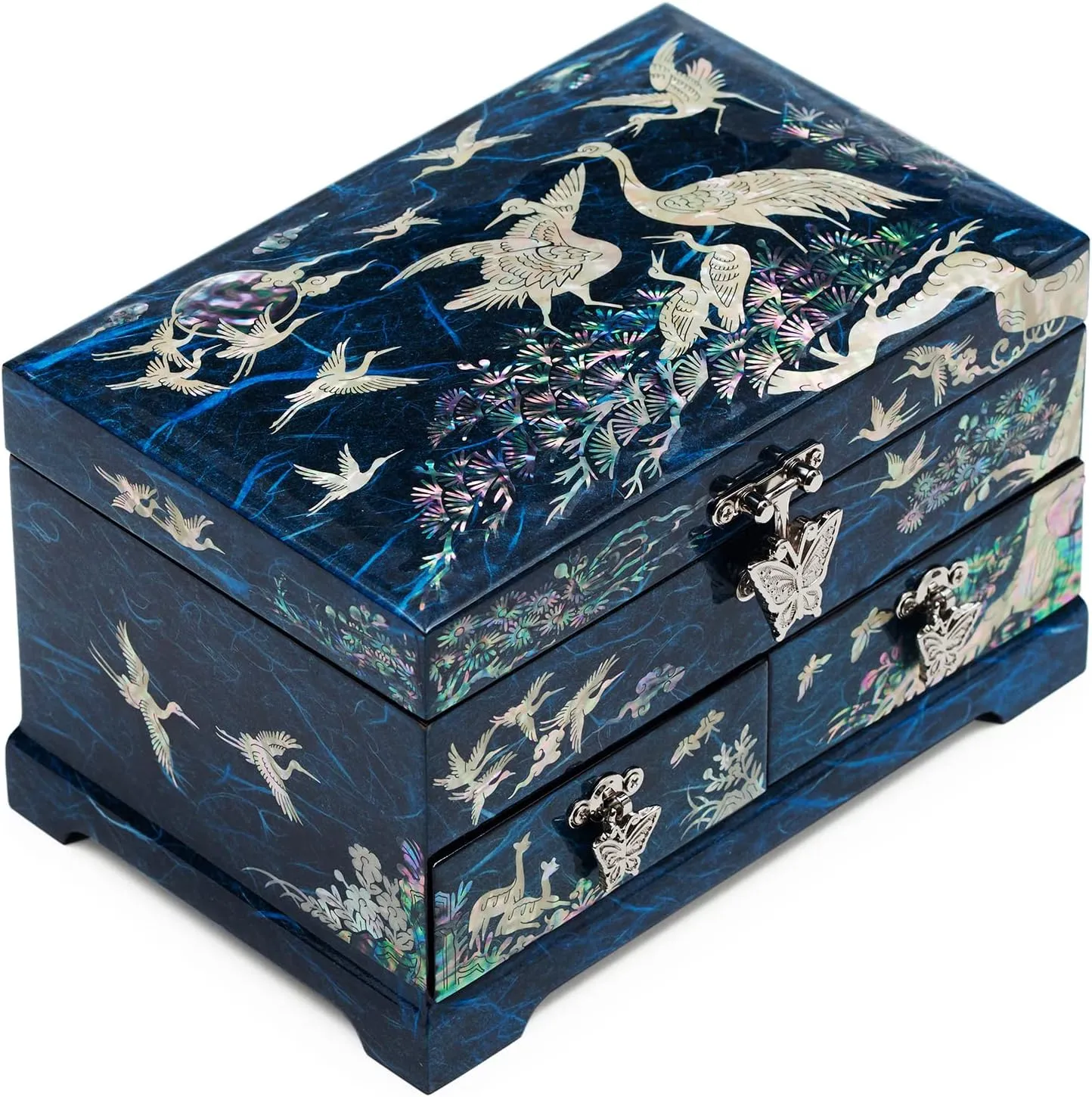 MADDesign Mother of Pearl Lacquered Jewelry Box Two Level Cranes Blue