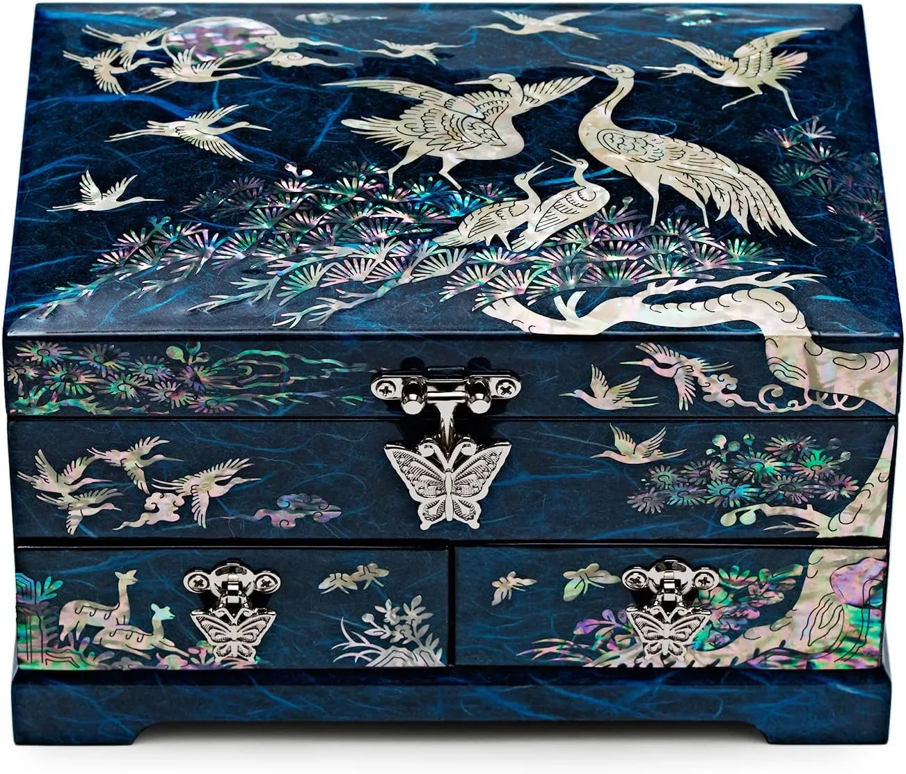 MADDesign Mother of Pearl Lacquered Jewelry Box Two Level Cranes Blue