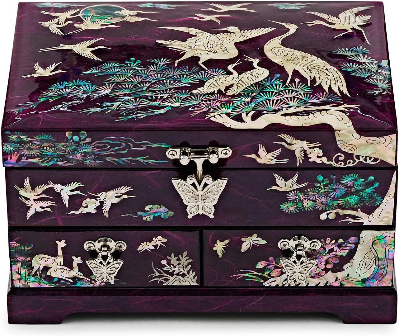 MADDesign Mother of Pearl Lacquered Jewelry Box Two Level Cranes (Purple)