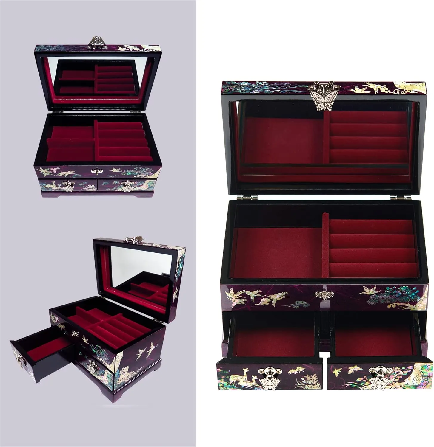 MADDesign Mother of Pearl Lacquered Jewelry Box Two Level Cranes (Purple)