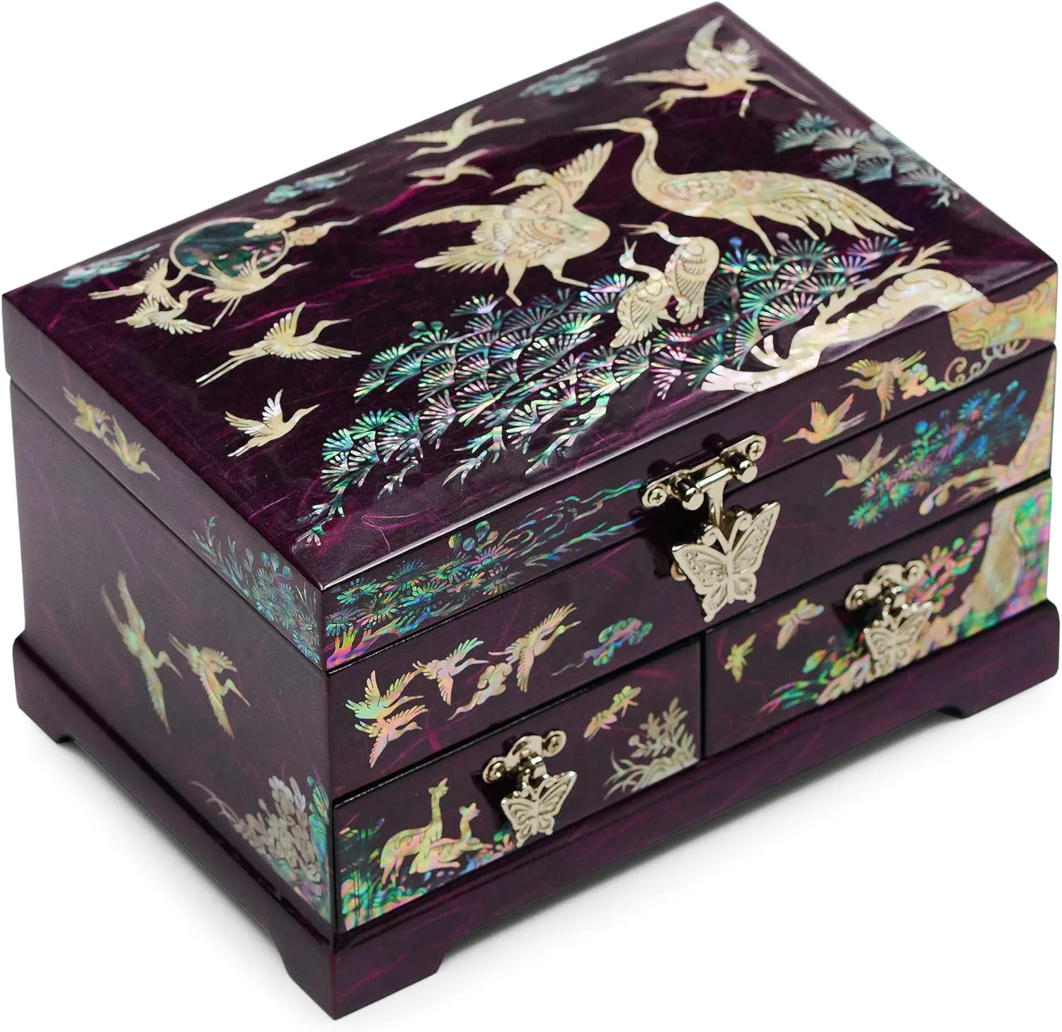 MADDesign Mother of Pearl Lacquered Jewelry Box Two Level Cranes (Purple)