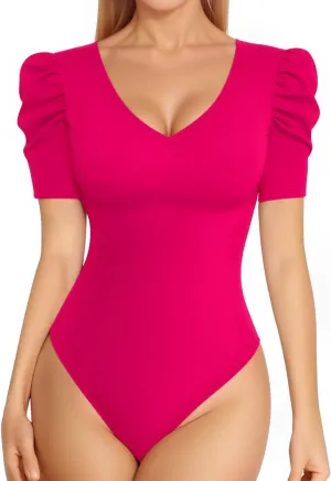 MANGOPOP Women's Bodysuit Deep V Neck Puff Short Sleeve Slim Fit Body Suits Casual Blouse Tops Elegant