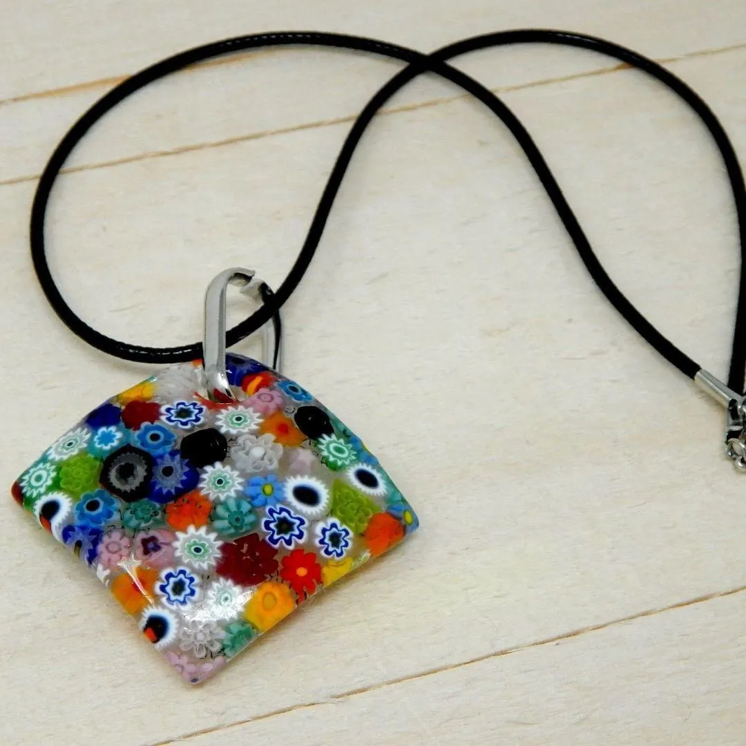 Murano Glass Diamond Shaped Pendant Necklace, Millefiori