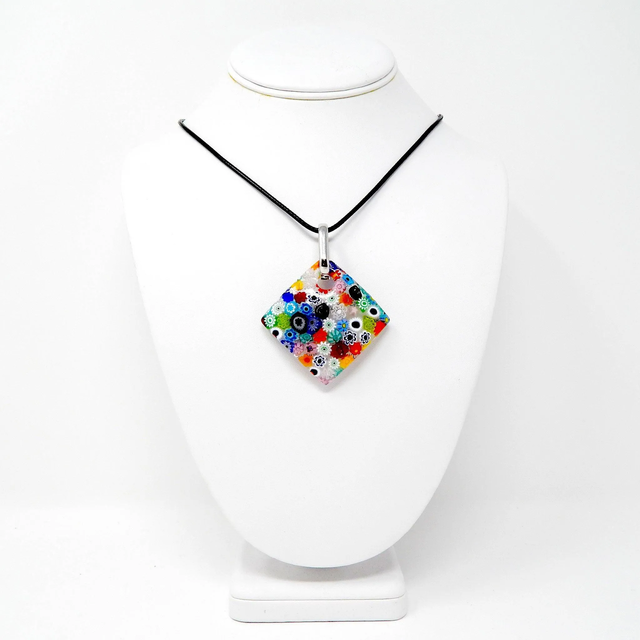 Murano Glass Diamond Shaped Pendant Necklace, Millefiori