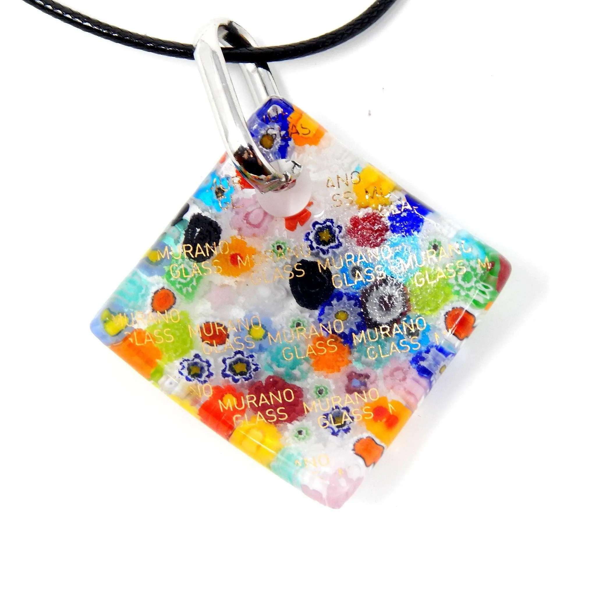 Murano Glass Diamond Shaped Pendant Necklace, Millefiori