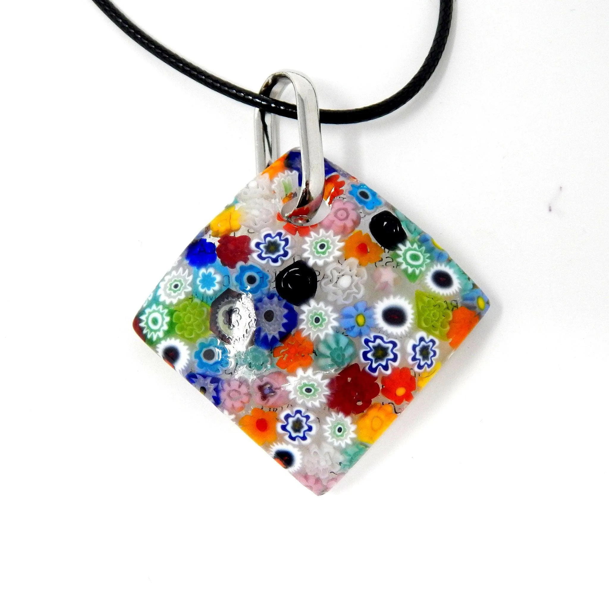 Murano Glass Diamond Shaped Pendant Necklace, Millefiori
