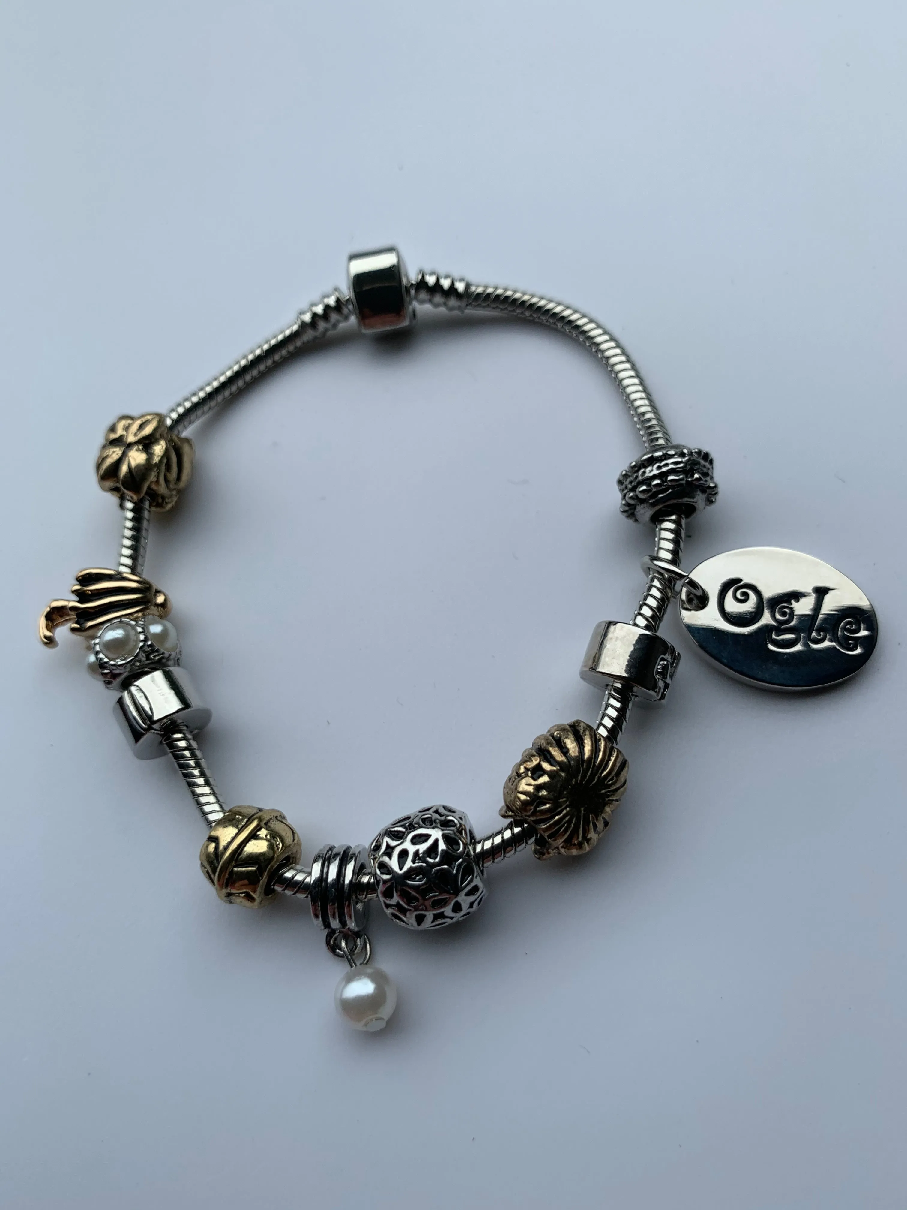 Pearl & Gold Charm Bead Bracelet, Modern Day Design by Culzean Ogle (10) Engraved Personalised