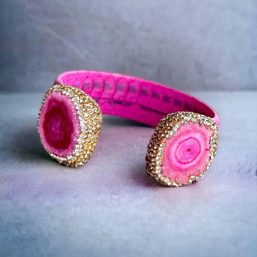 Pink Dyed Raw Crystal Open Cuff Bracelet with Pink Embossed Leather