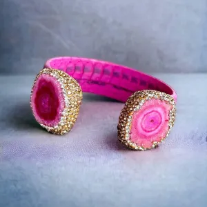 Pink Dyed Raw Crystal Open Cuff Bracelet with Pink Embossed Leather