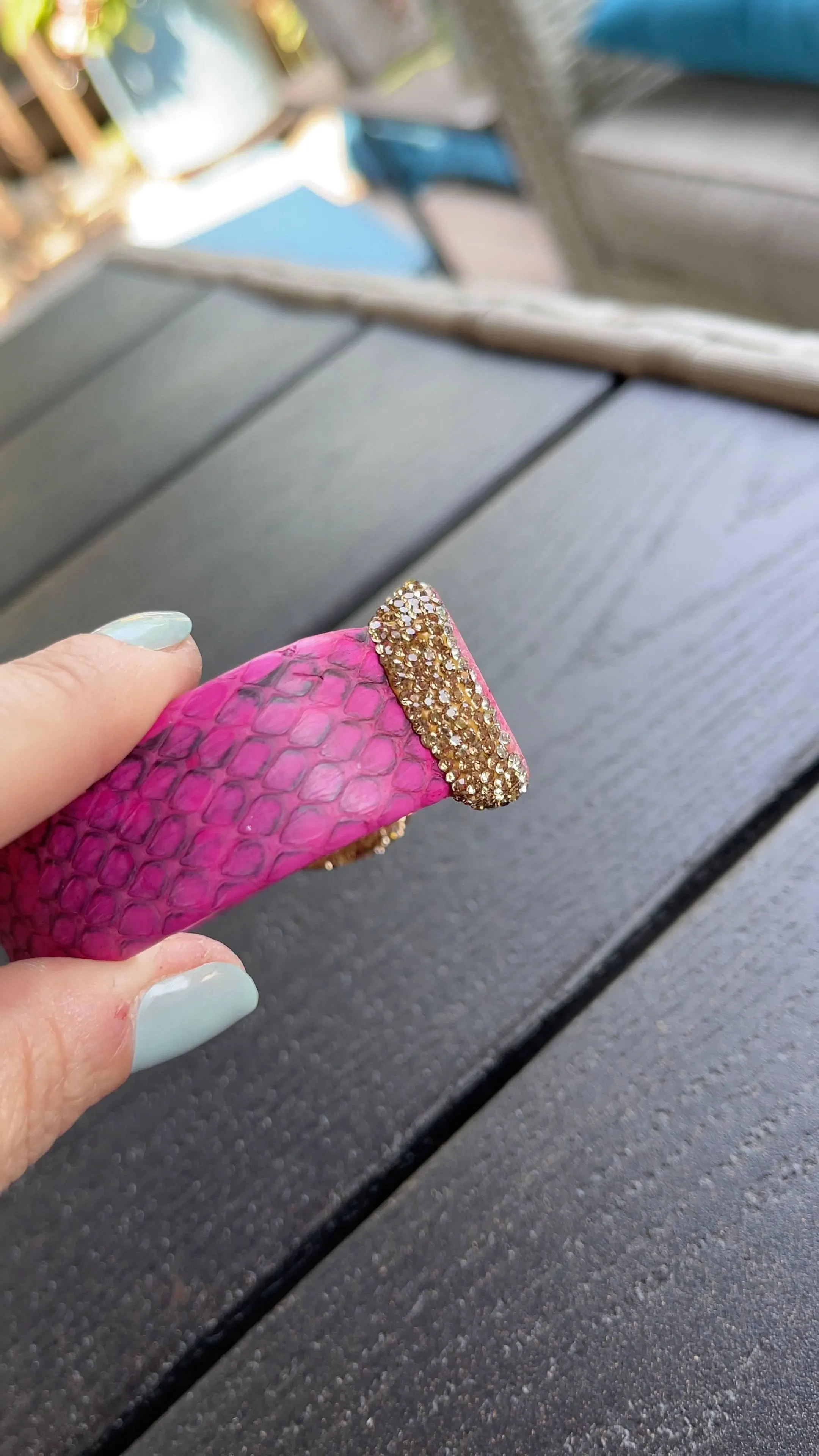 Pink Dyed Raw Crystal Open Cuff Bracelet with Pink Embossed Leather