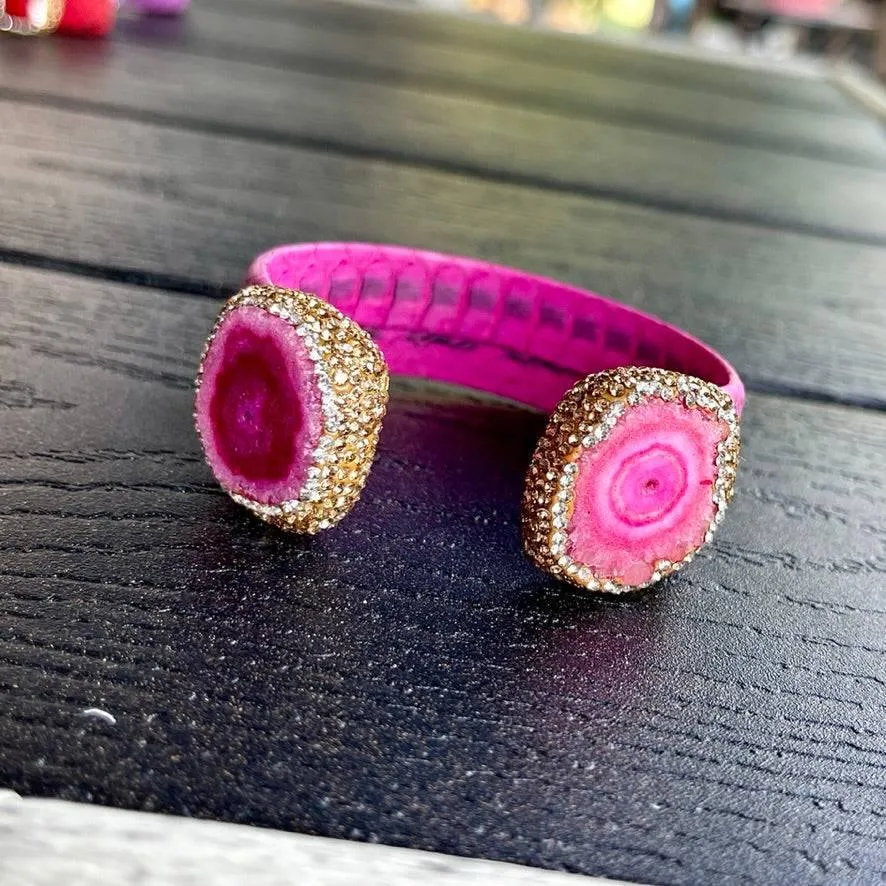 Pink Dyed Raw Crystal Open Cuff Bracelet with Pink Embossed Leather